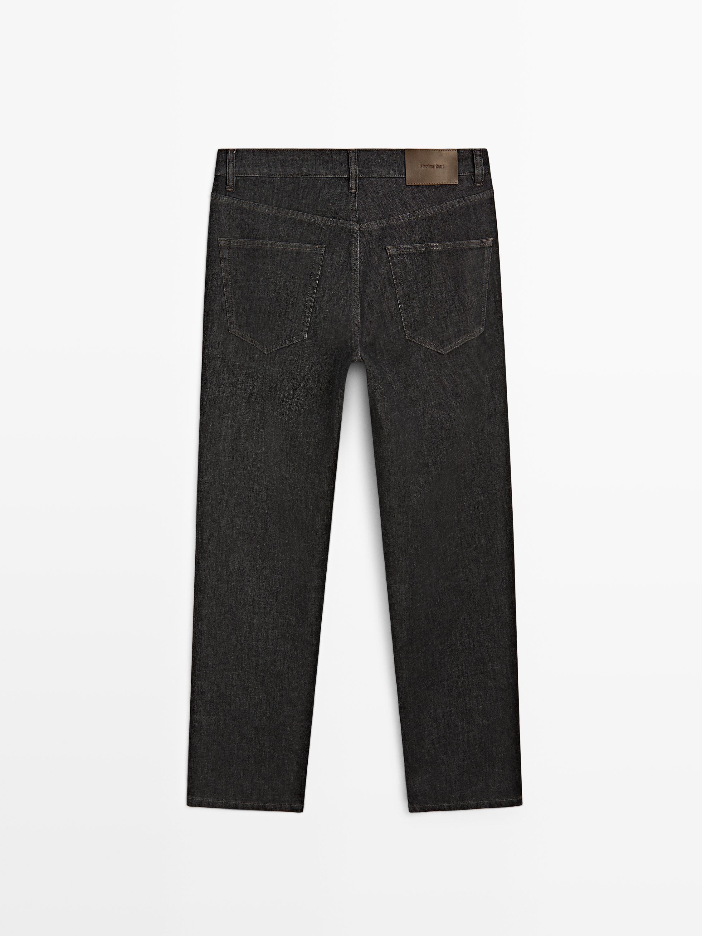 Lightweight tapered fit denim-effect trousers